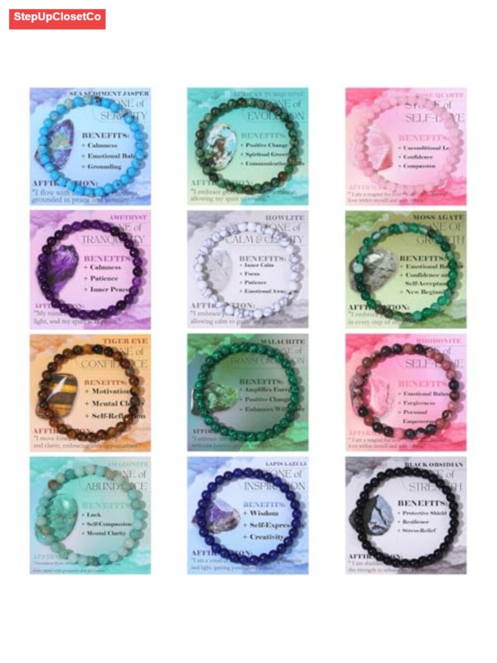 12pcs Natural Stone Beaded Bracelets Set Elastic Stretch Crystal Healing